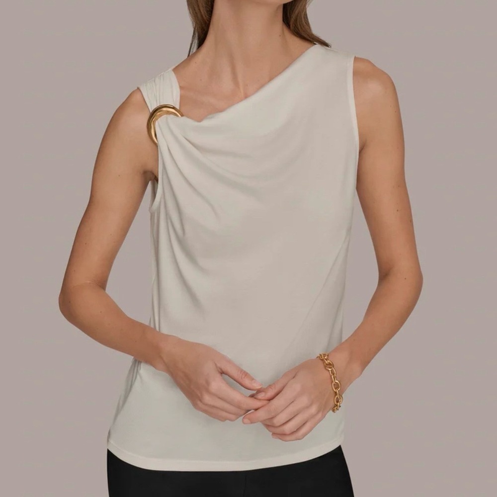 Donna Karan Asymmetric Blouse Cream Sleeveless Top NEW Draped Gold Ring D4JHT858